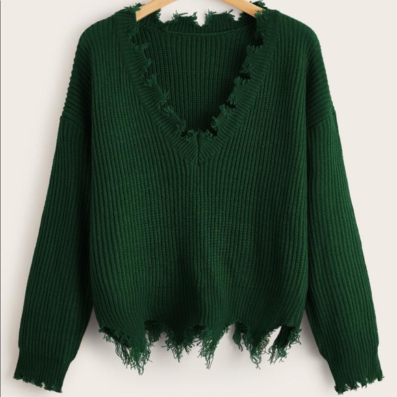 SHEIN Sweaters - SHEIN Dark Green Frayed Edge Drop Shoulder Sweater